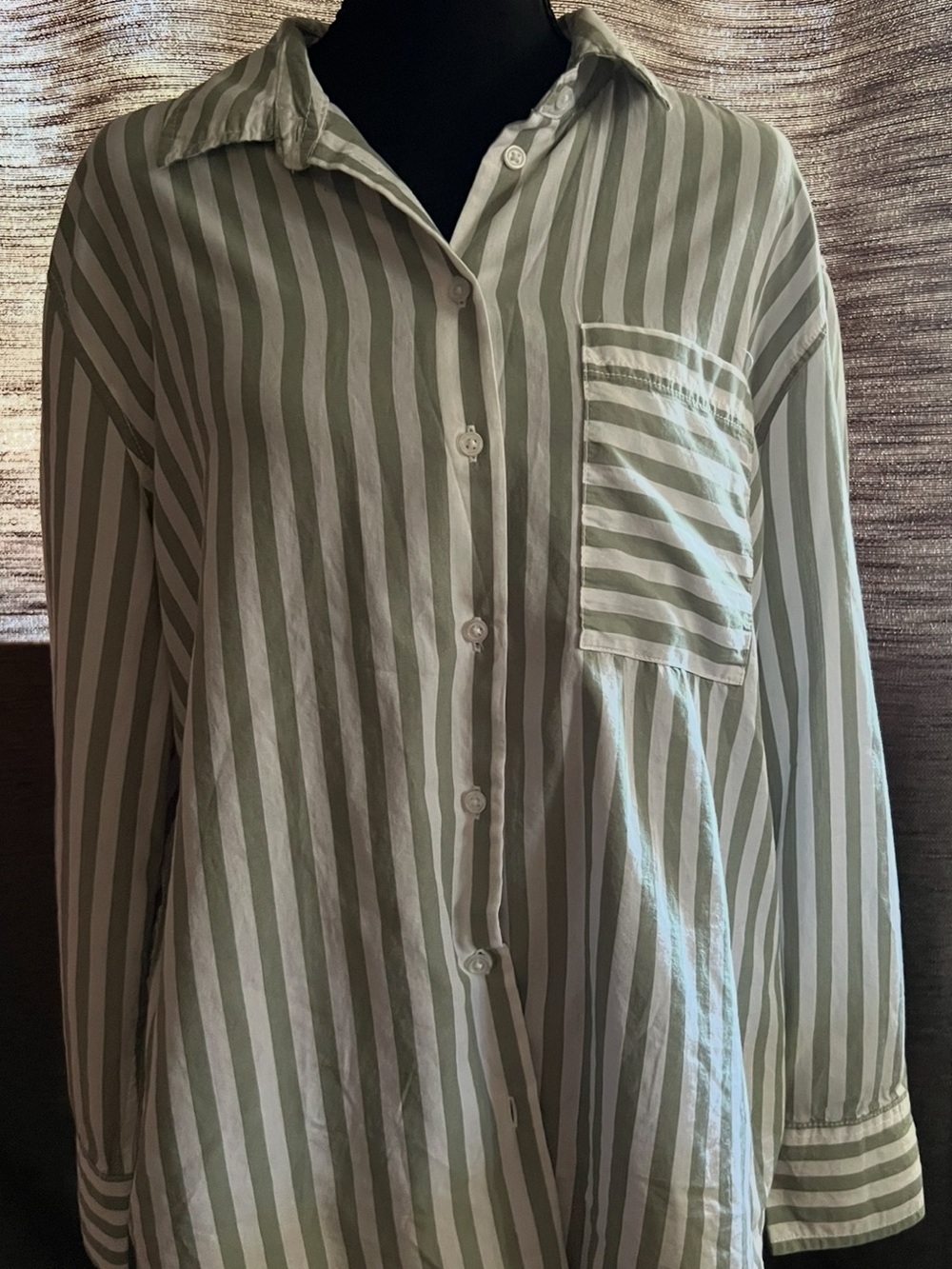 Lola River -Button-Down Striped Long-Sleeve Shirt - Sage/White